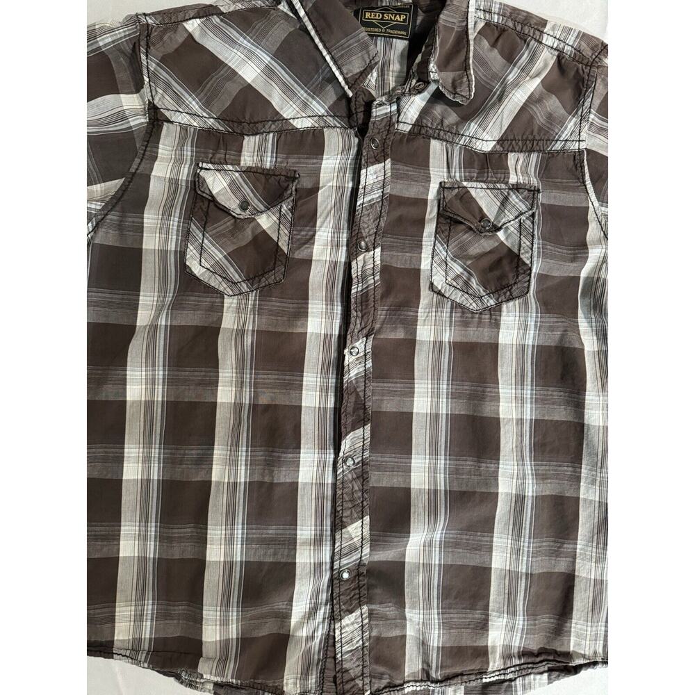 Red Snap Western Shirt Mens Brown Plaid Pearl Snap Pockets Short Sleeve XXL